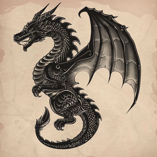 Neo-traditional flat tattoo sketch of a black dragon with ornate scales and wings