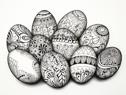 Black and white Easter eggs, illustrative pen and ink, tangled nests