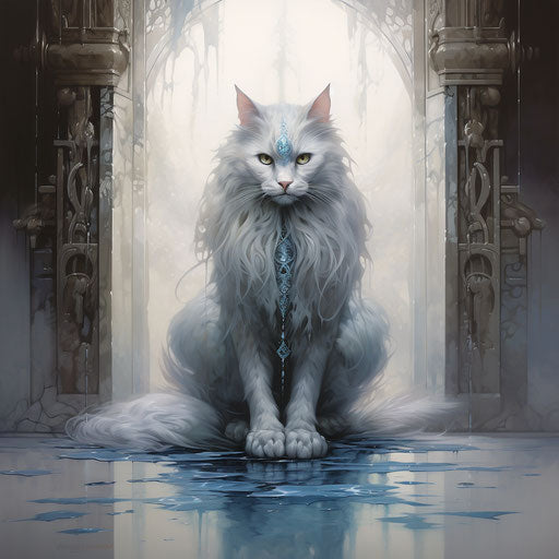 Grey and white cat sitting on the ground, realistic yet ethereal style