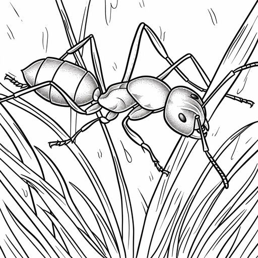 Ant on blade of grass with morning dew