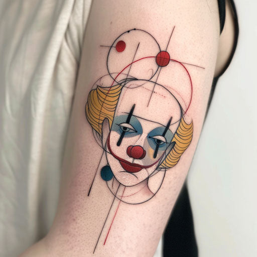 Minimalistic clown tattoo in modern art style, bold lines & limited colors, on white background.