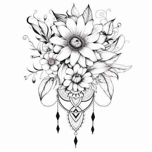 Black and white tattoo design, Indian motifs style