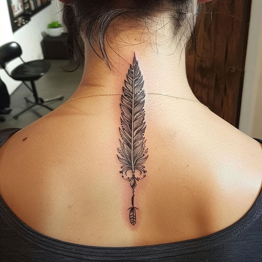 Feather and arrow tattoo on neck, Steve McNiven style