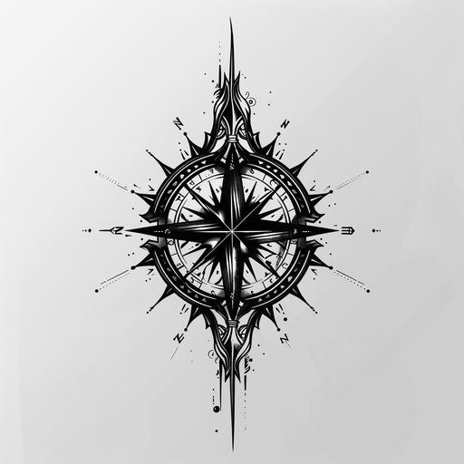 Flat tattoo sketch of a nautical compass with detailed cardinal points in black and gray