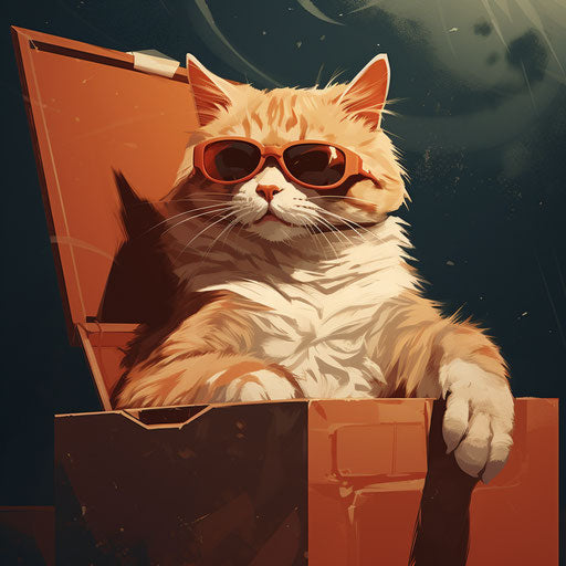 Orange and white cat in cardboard box wearing sunglasses