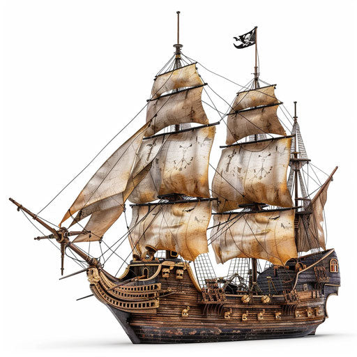 Realistic pirate ship illustration on flat white background