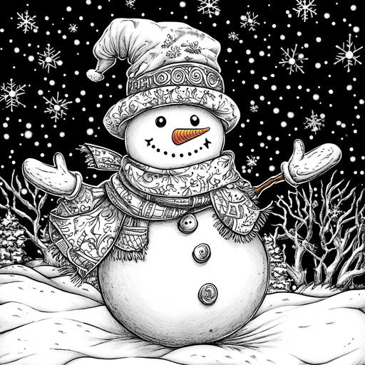 Frosty the Snowman with a magical snowfall, in the style of Jen Bartel, Coloring book page.