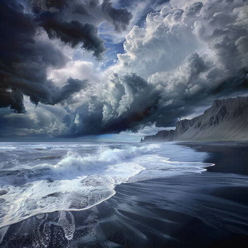 Storm clouds gathering over a black sand beach with waves crashing on the shore, in the style of Marc Adamus