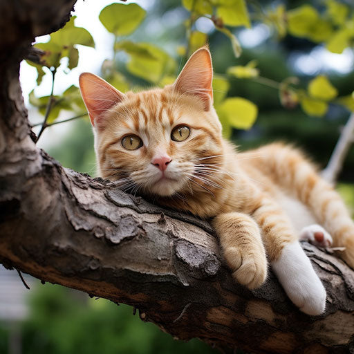 Ginger cat lying on a tree branch