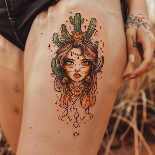 Flat tattoo sketch of a desert theme with warm earth tones and cactus green accents