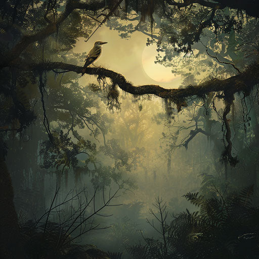 Yellow billed cuckoo perched on misty branch in ancient forest at dawn