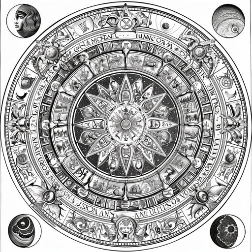 Celestial mandala and zodiac signs coloring page