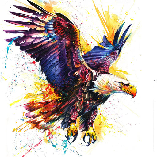 Contemporary eagle tattoo in graffiti style, vibrant spray paint effects, on white background
