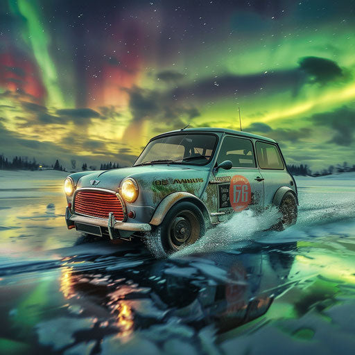 Ice racing of a 1980 Mini Cooper under the Northern Lights
