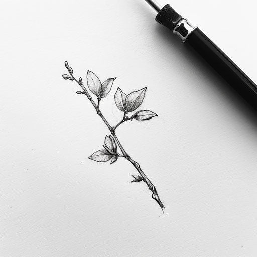 Nature-inspired flat tattoo sketch of a small branch with budding leaves