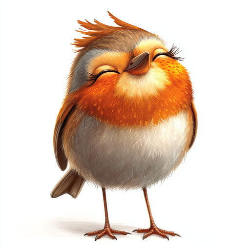 Humorous caricature of a robin with human characteristics