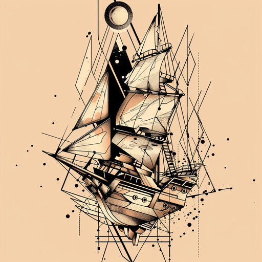 Futuristic tattoo sketch of a pirate ship with metallic shades and geometric shapes, in a modern clipart style