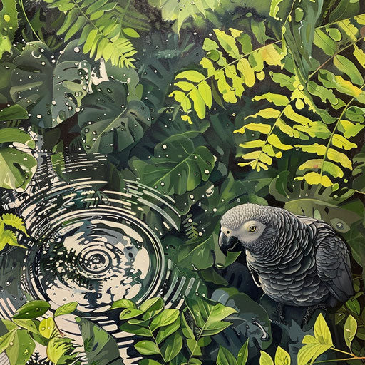 African grey parrot camouflaged among green foliage in gentle rain