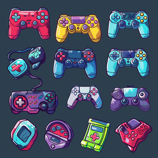 Playful flat tattoo sketch in clipart style, evolution of gaming from classic to modern in bright colors