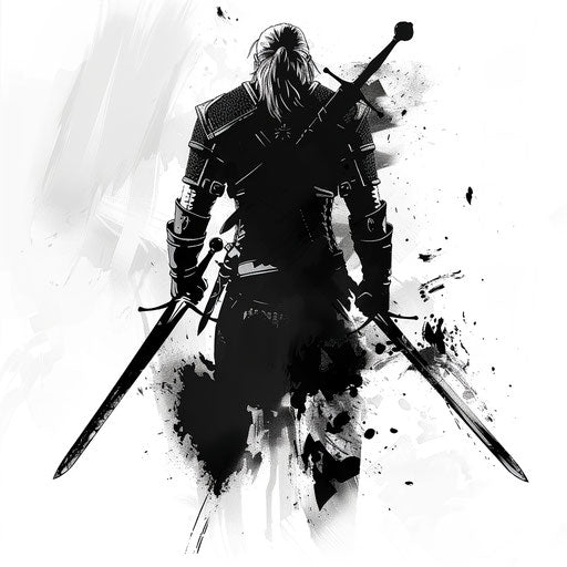 Bold Geralt silhouette with two crossing swords behind, in monochrome clipart style