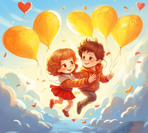 Valentine's Day card with children flying on a heart