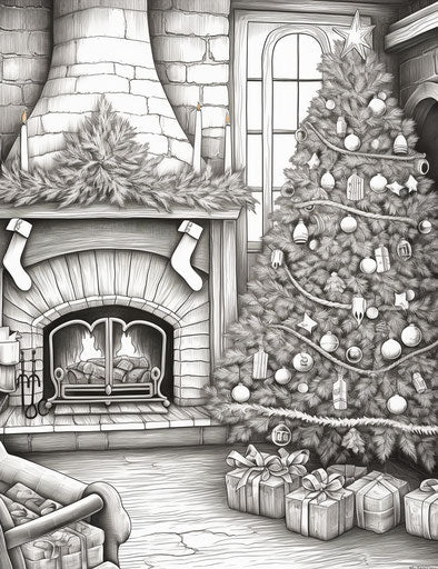 The fireplace in monochrome before Christmas colors