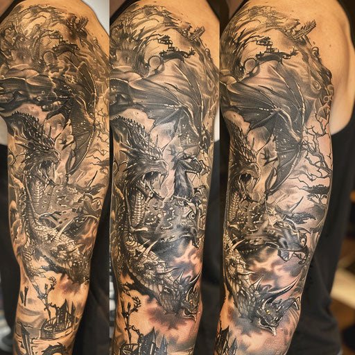 Sleeve tattoo with epic fantasy creatures and knights