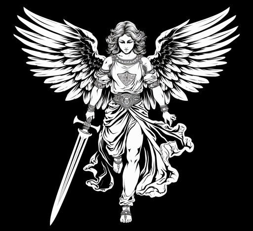 Black and white angel with wings and sword, superhero style