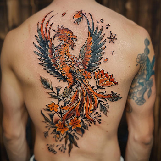 Wildflower tattoo with phoenix, fiery colors, dynamic composition, mythical