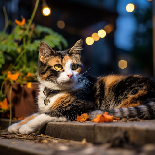 Calico cat lying outside at night