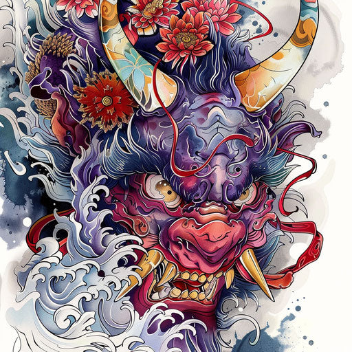 Colorful and detailed Japanese demon tattoo design