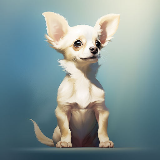 One year old chihuahua puppy standing in front of blue, light white and light gold style, pseudo-realistic