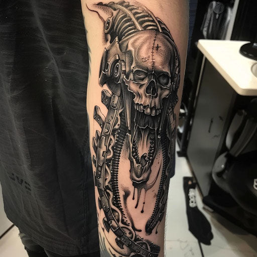 Biomechanical tattoo with dark surrealism