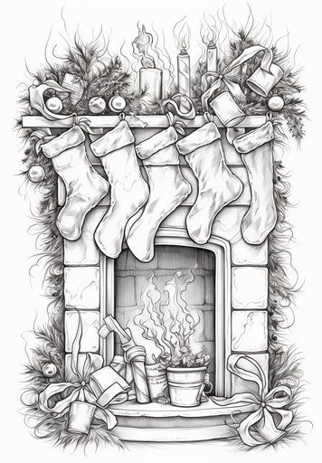 Christmas holiday stocking coloring sheet in ink wash style