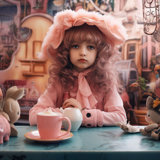 Little girl drinking coffee in front of a table, dolly kei style, cute and dreamy