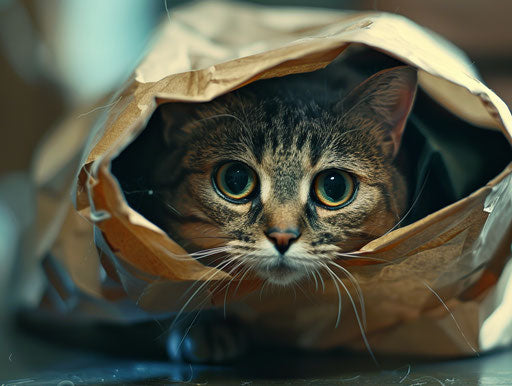 Cat hidden in a paper bag