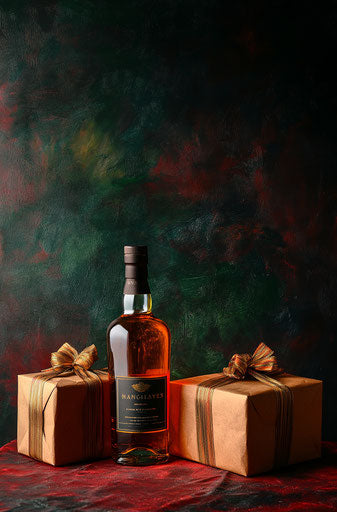 Bottle of whisky next to wrapped gifts