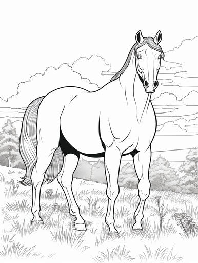 Horse in field coloring page, precise style 3:4