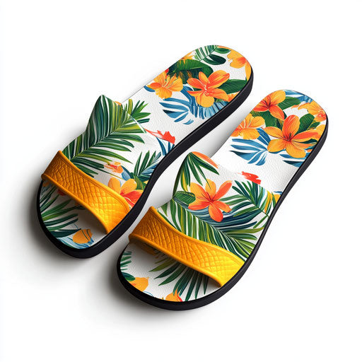 3D slippers on flat white background, realistic style.