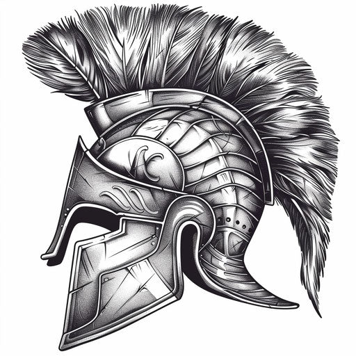 Ancient Greek warrior helmet adorned with plumes, illustrated as striking tattoo design on white background