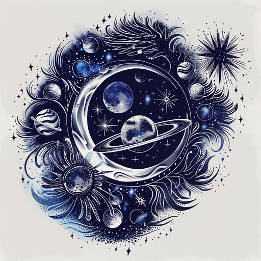 Dramatic tattoo sketch of an eclipse with stars and planets aligned, dark navy and silver, clipart style