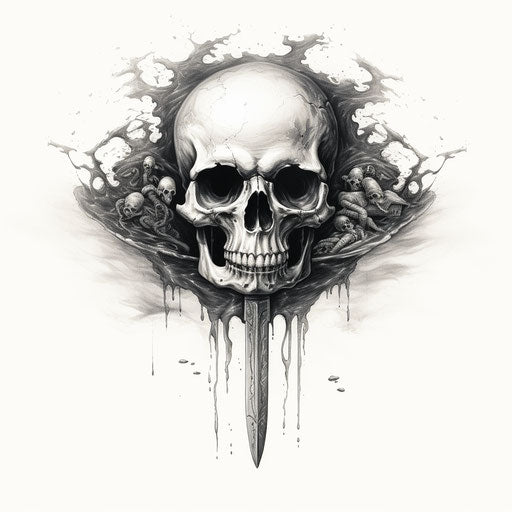 Skull with knife in black and white, fantasy art, misty