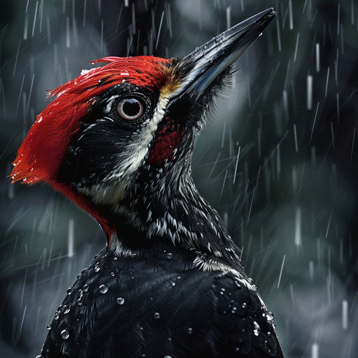 Dramatic woodpecker in rain