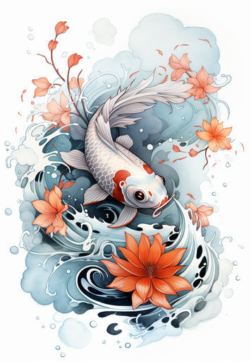 Koi fish and lotus with ink splashing in dark gray and sky-blue style