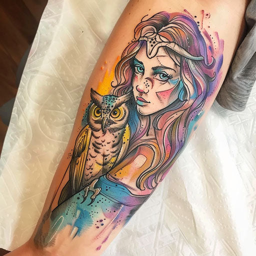 Colorful watercolor tattoo of Athena with an owl on white canvas