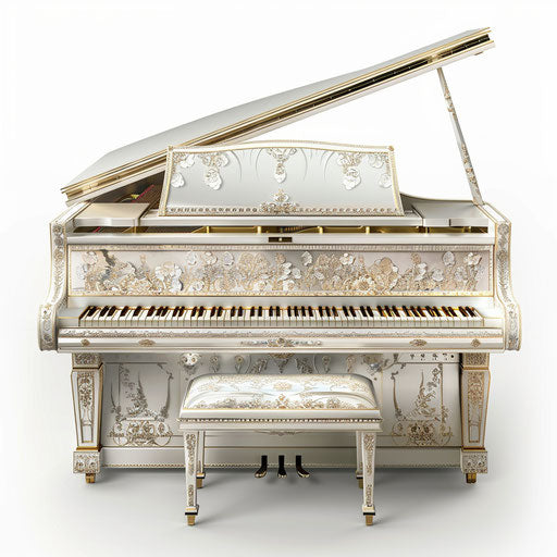 Realistic piano clipart with flat white background, dynamic shadows, intricate details