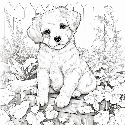 Puppy portrait in garden for coloring, line art illustrations