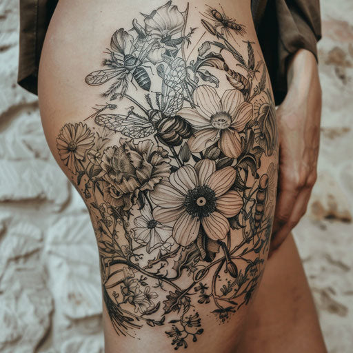 Botanical thigh tattoos for men with flowers and insects