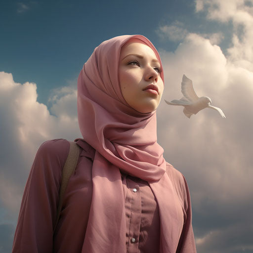 Girl in hijab under a big sky, light maroon style.