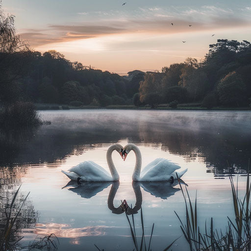 Two swans forming a heart on a tranquil lake at twilight